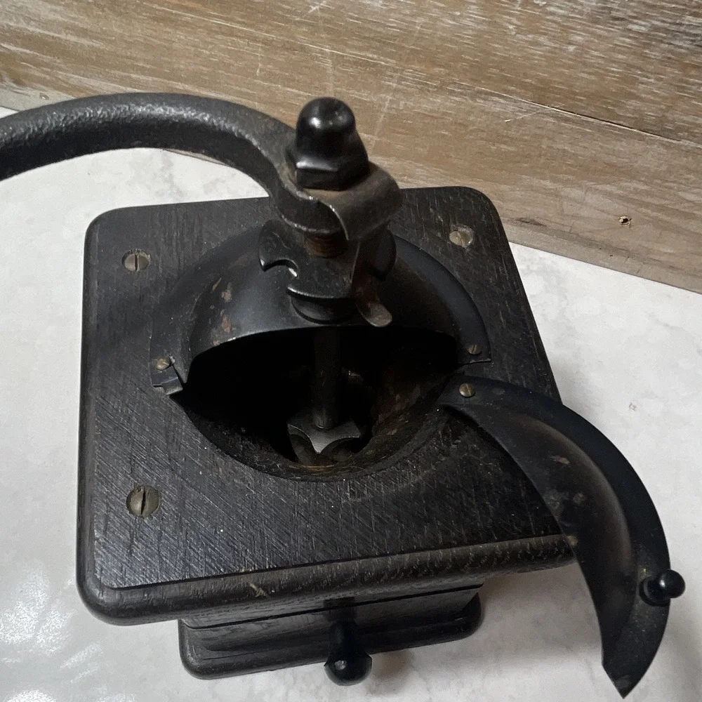 Manual Coffee Grinder Black Wood Box w/ Drawer, Crank Handle, 9 in Tall